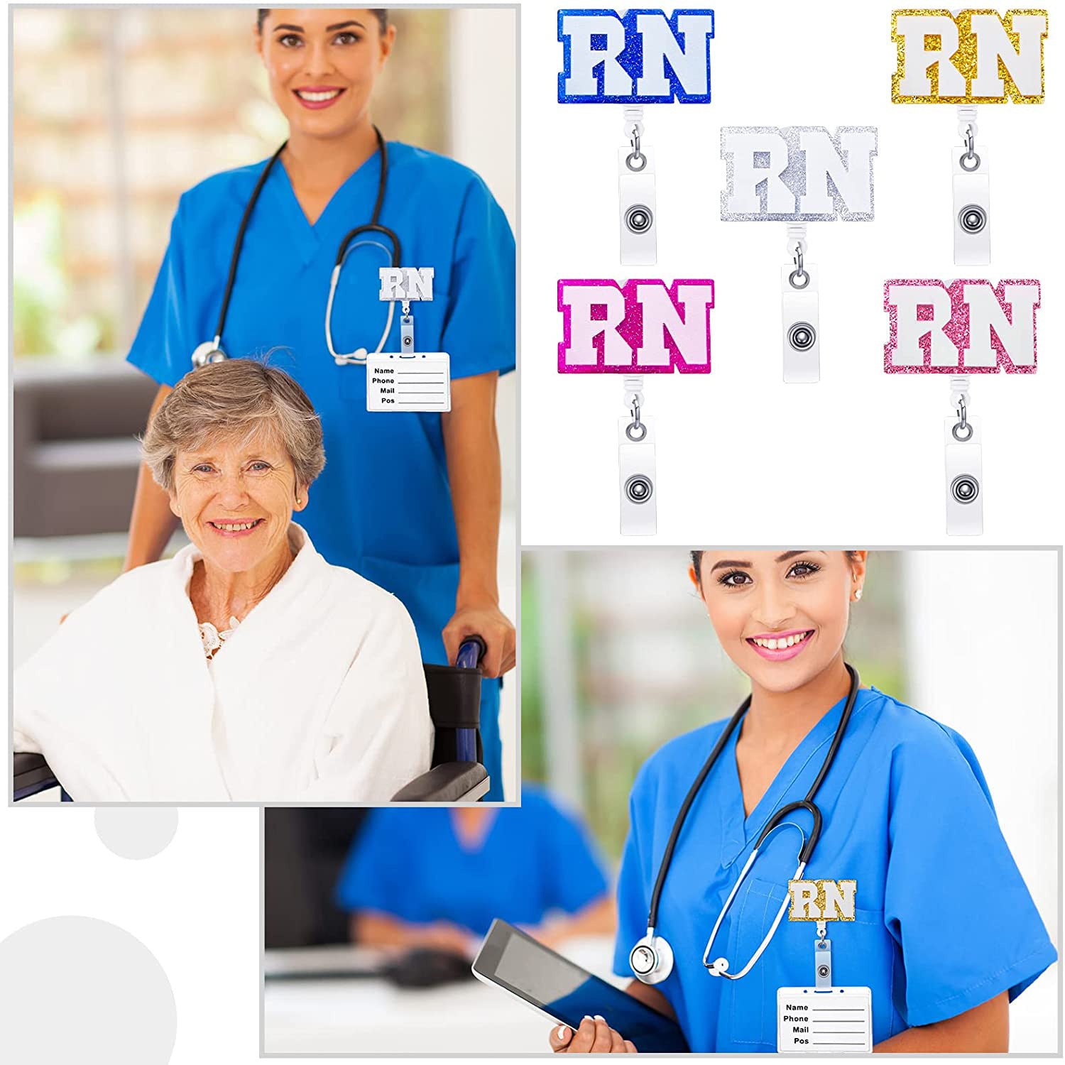 Wholesale Badge Reels Glitter Sequin Nurse Doctor Acrylic Retractable Keychains